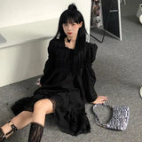 Kylethomasw 2024 Spring New Ruffles Lace Black Dresses Elegant Square Collar Dress for Women Y2k E-Girl Long Sleeve Loose Vestidos Mujer