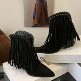 KYLETHOMASW  -  Sexy Pointed Toe Suede Women's Ankle Boots Rivet Tassel Design Chunky Heel Short Boots Retro Square Root Winter Shoe for Ladies