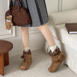 KYLETHOMASW  -  French-style bow suede ankle boots new vintage British style, pairs with skirts, Melard slim boots