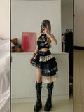 KYLETHOMASW  -  Summer Spicy Girl Vintage 2 Piece Sets Y2k Lace Splice Sleeveless Tops + Irregular Mini Skirt Female Punk Style Design Outfits