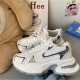 KYLETHOMASW  -  White Cream Chunky Dad Sneakers Women Navy Blue Accent Mesh Platform Walking Shoes Casual Comfy Daily Y2K Korean Sporty Style