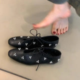 KYLETHOMASW  -  Spring Metal Rivet Decoration Shallow Mouth Ballet Flats 2025 High Quality Soft Bottom Lacing Flat Shoes Casual Comfy Shoes