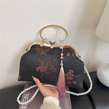 KYLETHOMASW  -  Handbag with Floral Print Gold Ring Handle with Rhinestones & Pearl Chain Tassel Decor Women's Evening Clutch Purse