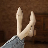 KYLETHOMASW  -  New Retro Leather Heels Shoes Pointed Toe Slip-on Loafers Mid Heeled Shoes Women Spring Casual Pumps