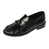 KYLETHOMASW  -  Black Patent Leather Chunky Heel Loafers Fashion Pleated Fringe Sewing Designer Shoes Comfortable Soft Leather Zapatos De Mujer