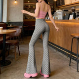 KYLETHOMASW  -  Y2K Pink Heart Print High Waist Flare Pants | Kawaii All-Over Love Bell Bottom Trousers | Barbiecore Aesthetic Summer Streetwear
