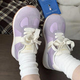 KYLETHOMASW  -  Korean Style Ladies Round Toe Vintage Contrast Sneakers Suede Spliced Flat Gum Sole Lace Up Casual Retro Walking Trainers
