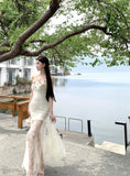 KYLETHOMASW  -  Elegant Summer Long Dress New Lace Fish Tail Goddess Style Holiday Floral Print Slimming Women's Fashion Ankle-length Sleeveless