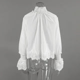 KYLETHOMASW  -  Women French Style White Blouse Lace Splicing Patchwork Shirt Elegant Flare Bell Sleeve Long Sleeve Casual Ladies Daily Tops
