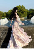 KYLETHOMASW  -  Women's Elegant Lavender Floral Tiered Dress Summer Spaghetti Strap Ruched Asymmetric Ruffle Tulle Long Dress Beach Vacation