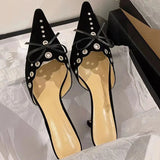 Kylethomasw Suede Bow Cutout Pointed Toe Slippers Stiletto High Heels Metal Decorative Women Sandals Elegant Shallow Mules Women Shoes