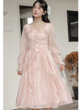 KYLETHOMASW  -  Vintage Pink Fairy Party Midi Dress Women Korean Style Sweet Vestidos Female Bubble Sleeve Elegant Evening Party Robe Autumn New