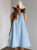 KYLETHOMASW  -  Women Korean Denim Dress Washed Blue Loose A Line Sleeveless Slimming Versatile Casual Dress