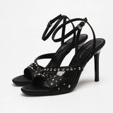 KYLETHOMASW  -  Fashionable round Head Diamond Glitter Sandals Thin Heel Buckle Strap High Heels Breathable Open Toe Luxury Sensation Shoes