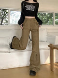 Kylethomasw Khaki Denim Cargo Pants Women Y2k Hip Hop Retro Baggy Low Waist Korean Boot Cut Jeans Harajuku Streetwear Causal Trouser