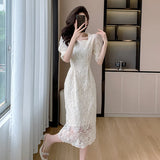 Kylethomasw Summer White Lace Hook Flower Hollow Midi Dress Women Fashion Chic Luxury Party Evening Dress 2024 Korean Vintage Festival Dress