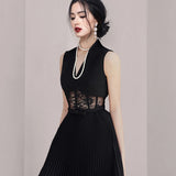 Kylethomasw Runway Party Dress 2024 Summer Women Sexy Temperament V Neck Sleeveless Lace Patchwork Perspective Waist Pleased Dresses