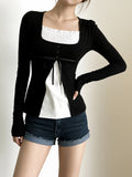 KYLETHOMASW  -  French Sweet Patchwork Contrast Color Fake Two Piece Slim Square Collar Long Sleeve Slim T-Shirts