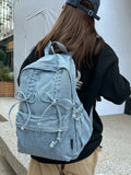 KYLETHOMASW  -  Lace-up Bow Denim Mochila Large Capaci School Bag Spacious Durable Mochilas Mujer Classical Bolsos Backpack Bolsas Feminina