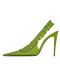 KYLETHOMASW  -  Women's Satin Ruffled Slingback Pumps Pointed‑Toe Pleated Stiletto High Heels Backless Slim Fit Elegant Dress Shoes luxury
