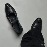 KYLETHOMASW  -  High Quality Leather Women Shoes Sexy Pointed Toe Metal Buckle Mary Jane Shoes for Women Punk Black Elegant Woman Heeled Shoes