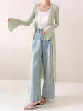 KYLETHOMASW  -  Spring Elegant Green V-Neck Long Knit Cardigan Women's Flared Sleeve Lace-Up Sweater Coat OL Crochet Hollow Out Outerwears 208A