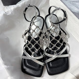 KYLETHOMASW  -  Roma Style Hollow Out Crystal Mesh Women Sandals Cozy Square Open Toe Strange Low Heels Shoes Summer Gladiator Sandalias