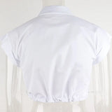 Kylethomasw  -  White Single Breasted Lapel Tops Sumemr Casual Crop Tops Patchwork Short Sleeve Bottoming Skinny Batwing Sleeve Backless Tees