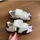 KYLETHOMASW  -  Girls Embroidery Flip Tongue Lace Trainers Breathable Mesh Soft Anti-slip Sole Niche Cow Print All-match Casual Skate Shoes