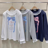 KYLETHOMASW  -  Korean Temperament Bow Letter Printed T-shirt Women Spring New Patchwork Lace Edge Long Sleeved Top