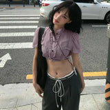 KYLETHOMASW  -  Korean Sweet Ruffle Collar Puff Sleeve Crop Blouse Women Thin Lightweight Casual Daily Shirt
