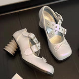KYLETHOMASW  -  Gradient Colors Square Toe Spiral Heel Mary Jane Pumps Bow Multi-Buckle Strap Lolita Shoes Ballet Shoes for Party & Daily Wear