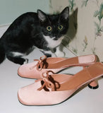 KYLETHOMASW  -  Elegant Blush Satin Square-Toe Shoes Bow Detail Small Stilettos Mule Heel Elegant Minimalist Style New Lady Heels for Daily
