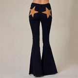 KYLETHOMASW  -  Vintage Women Contrast Five-point Star Patchwork Denim Flared Pants Baggy Dragging Jeans Trousers Chic Elegant Casual Short Pant