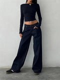 KYLETHOMASW  -  Spring and Autumn Solid Color Loose Jeans Women's Low-rise Wide-leg Pants Multi-Pocket Street Style Washed Jeans American Retro