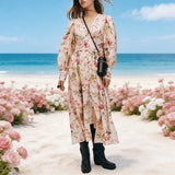 KYLETHOMASW  -  Spring Puff Long Sleeve Party Dresses for Women Robe Vintage Cotton Rayon Floral Print V Neck Dress Front Buckle Up Vestidos