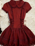 KYLETHOMASW  -  Red Vintage Waist Cinching Sweet Lace Dresses Y2k Lace Up Spring Summer Elegant Women's Dress Korean Fashion Design Ouutfit