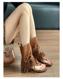 KYLETHOMASW  -  New Women's Flat Bottom Tassel Tie Sandals Retro Toe-Strap Short Boots Versatile Cross Buckle Ankle Boots Sporty Style