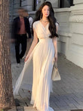 KIylethomasw 2024 Summer Solid Pleats Long Dresses French Elegant V Neck Holiday Party Vestidos Women High Waist Wedding Robe Ladies Clothes