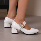 KYLETHOMASW  -  Plus Size 48 Women Patent Leather Mary Jane Shoes Sparkly Crystal Rhinestone Burgundy White Block Heel Pumps Party Shoe