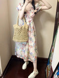 KYLETHOMASW  -  Dresses Women Floral Printed Puff Short Sleeve V Neck Summer Fashion Vintage Elegant Dress Bandage Female Casual