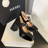 KYLETHOMASW  -  Red Patent Leather Mary Jane Pumps for Women Strap Buckle Chunky High Heels Shoes Woman Platform Pump Burgundy Party 43