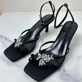 KYLETHOMASW  -  Shiny Rhinestone High Heels Women Summer New Open Toe Ankle Strap Thin Heels Dress Shoe Brand Design Rhinestone Sandals Femme