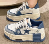 KYLETHOMASW  -  Sweet Cool Women Solid White Star PatternPlatform Sneakers AirCushion Thick Sole Lace Up HeightenCasual Street Skate Board Shoes