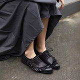 KYLETHOMASW  -  Black Soft Leather Lace-up Loafers Women Fashion Pleated Design Brand Low Heel Pumps Cozy Commuter Office Shoes Zapatos De Mujer