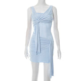 KYLETHOMASW  -  Women Fashion Sleeveless High Waist Ruched Club Party Dresses Elegant Light Blue Lace Draped See Through Sexy Mini Dress