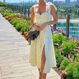 Kylethomasw Sundress Midi Slip Backless Pleated Slit White Yellow Lace-up Flowers  Ummer Spring Floral Dress Women's Sexy Casual Fashion