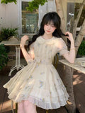 KYLETHOMASW  -  Korean Ladies Mini Dress Summer Short Sleeve Fashion Embroidered Floral Ball Gown Dress Sweet Pan Collar Women Party Vestidos