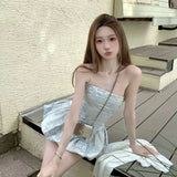 KYLETHOMASW  -  Summer Coquette Elegant French Floral Jacquard Strapless Ruched Mini Dress Women Slim Fit Bubble Hem Party Date Night Outfit