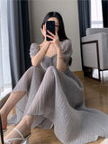 KIylethomasw Summer Casual Korean Fashion Square Collar Short Sleeve Party Dress Women Elegant Slim Waist A-line Midi Vestidos Women's Dress